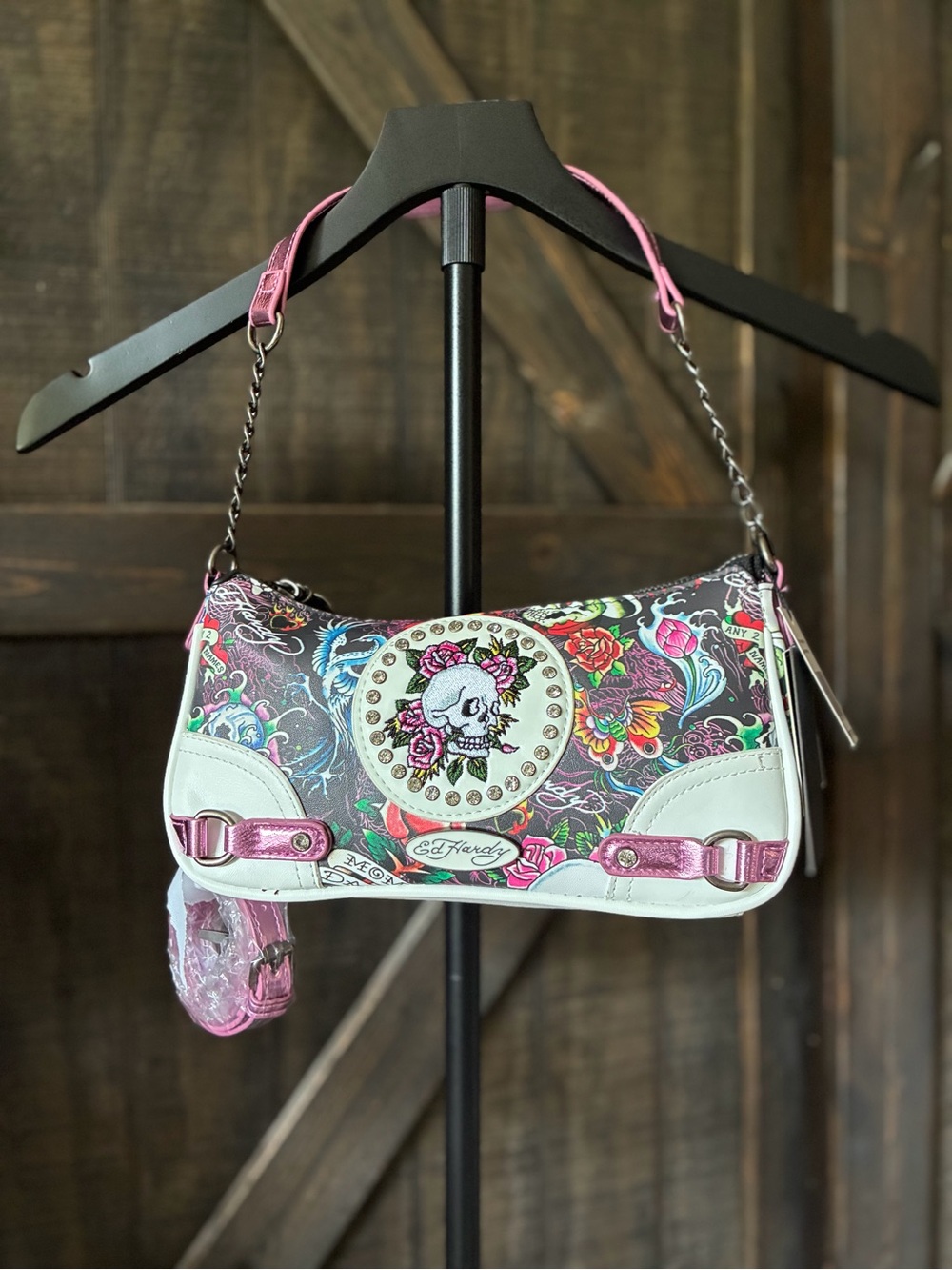 Ed Hardy Black Shoulder Bag with Pink Floral Skull Print - Picture 2 of 3